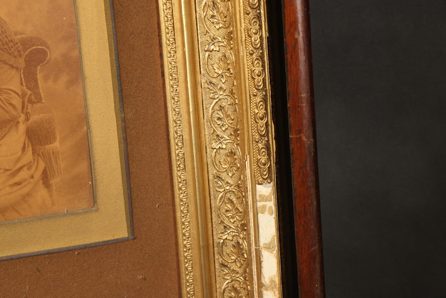 Antique Framed Photograph of a Woman in Dark Victorian Dress Holding a Book, Ornate Gilt and Wood Frame, Note Poor Condition, No Glass, Damage and Losses Throughout