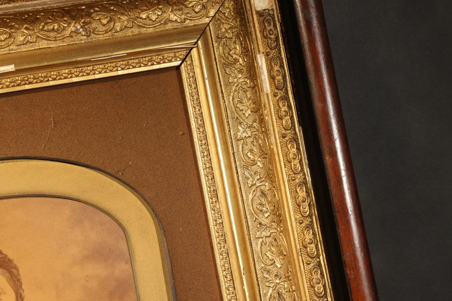 Antique Framed Photograph of a Woman in Dark Victorian Dress Holding a Book, Ornate Gilt and Wood Frame, Note Poor Condition, No Glass, Damage and Losses Throughout