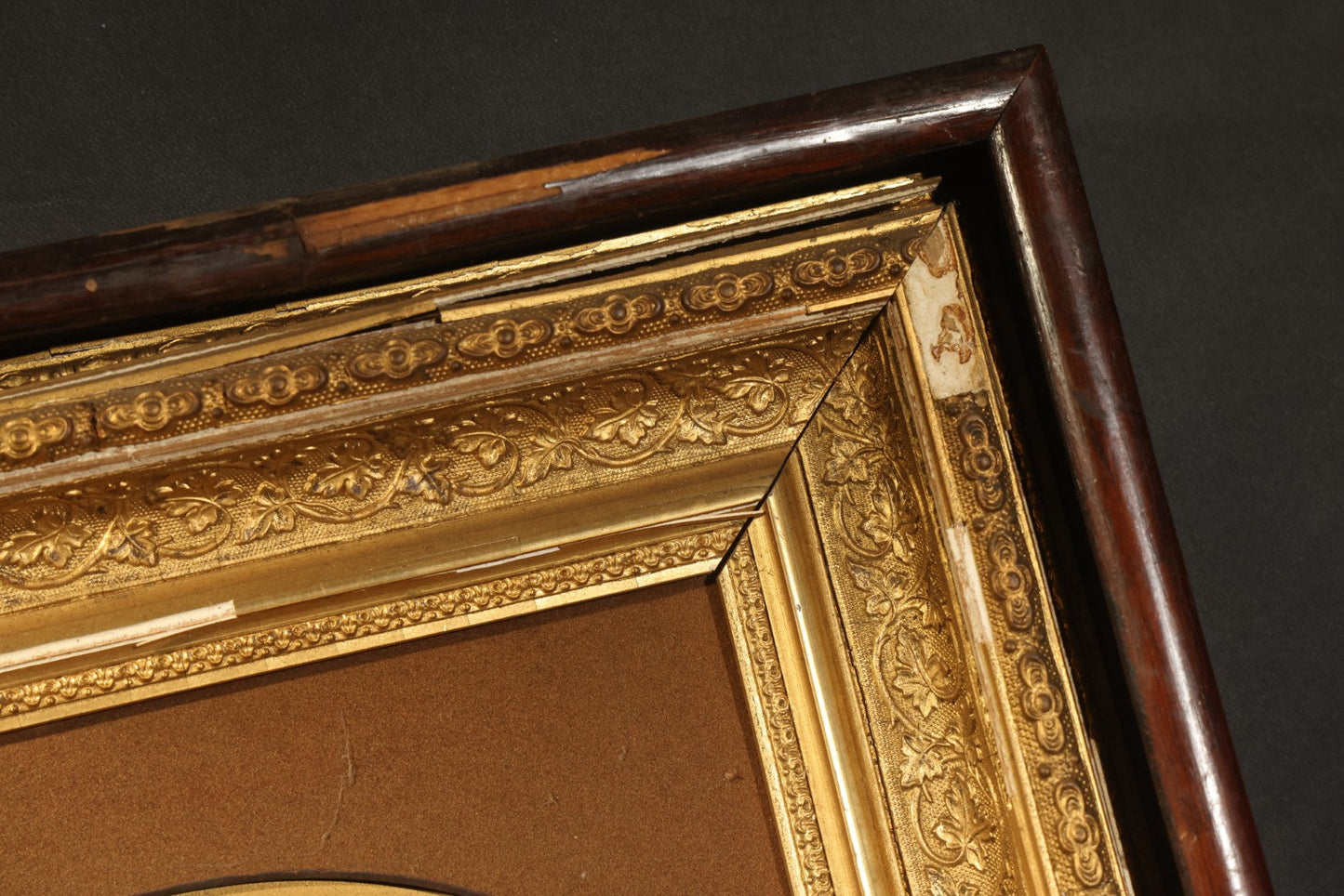Antique Framed Photograph of a Woman in Dark Victorian Dress Holding a Book, Ornate Gilt and Wood Frame, Note Poor Condition, No Glass, Damage and Losses Throughout