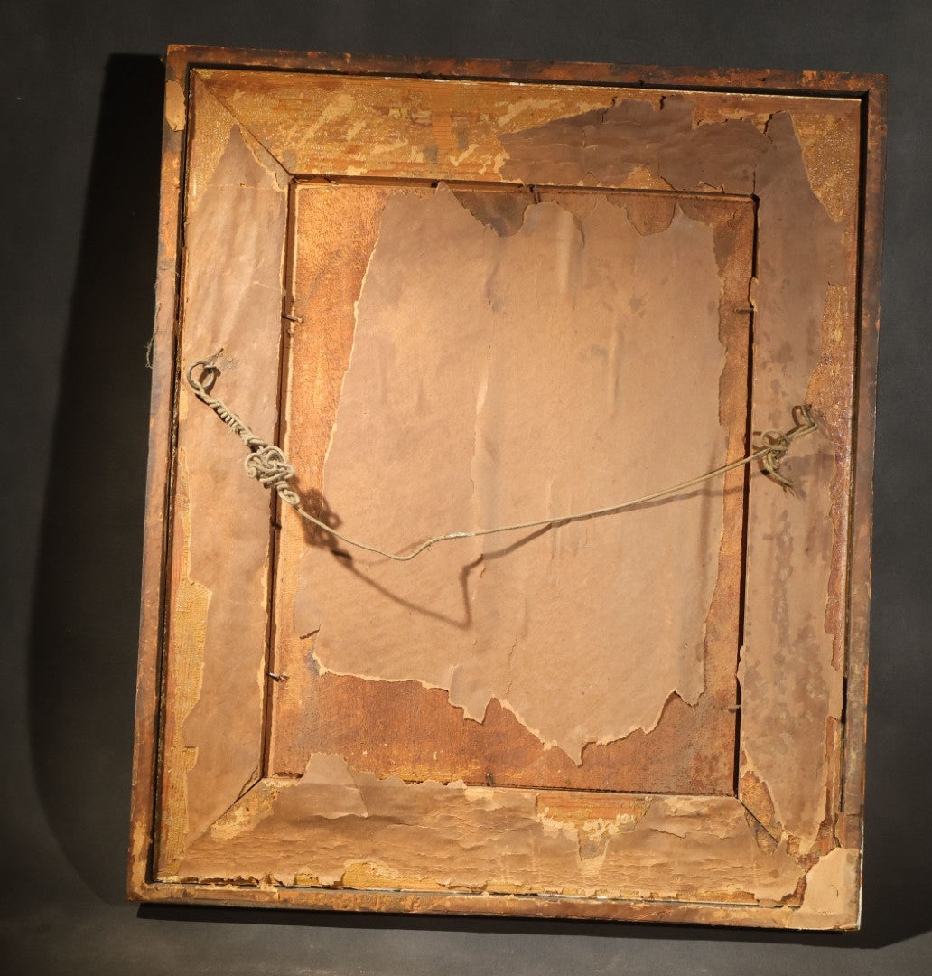 Antique Framed Photograph of a Woman in Dark Victorian Dress Holding a Book, Ornate Gilt and Wood Frame, Note Poor Condition, No Glass, Damage and Losses Throughout
