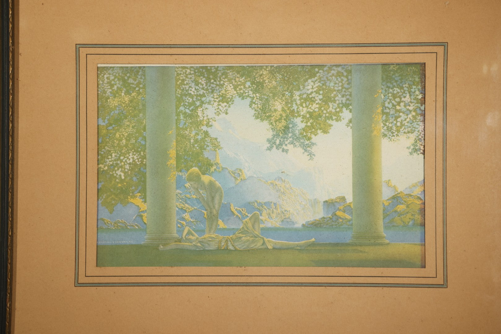 Vintage Lithograph Print "Daybreak" after Maxfield Parrish, Published by Reinthal & Newman, New York, Inscribed on Verso