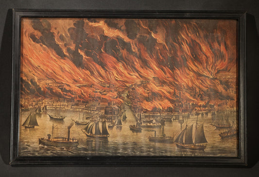 Vintage Reproduction Framed Print of The Great Chicago Fire, October 8th, 1871, with Ships and Sailing Vessels in Harbor During Conflagration
