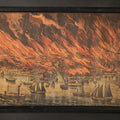 Lot 014 - Vintage Reproduction Framed Print of the Great Chicago Fire, October 8th, 1871, with Ships and Sailing Vessels in Harbor During Conflagration, 14" W x 9-1/8" H