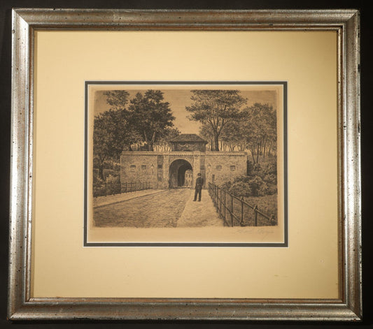Vintage Framed Etching Print of the Norway Gate at Kastellet, Copenhagen, Denmark, with Uniformed Figure, Artist Signed