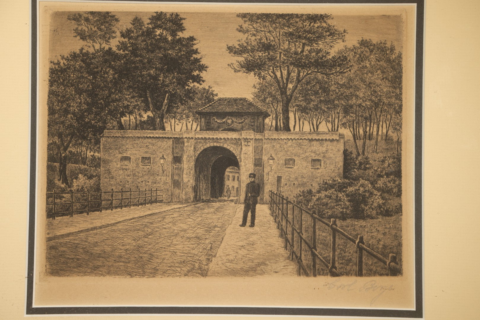 Vintage Framed Etching Print of the Norway Gate at Kastellet, Copenhagen, Denmark, with Uniformed Figure, Artist Signed