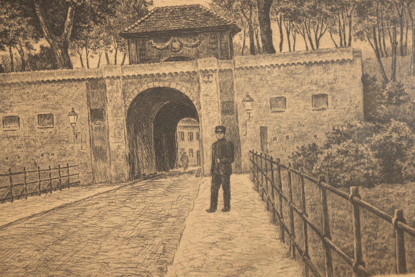 Vintage Framed Etching Print of the Norway Gate at Kastellet, Copenhagen, Denmark, with Uniformed Figure, Artist Signed