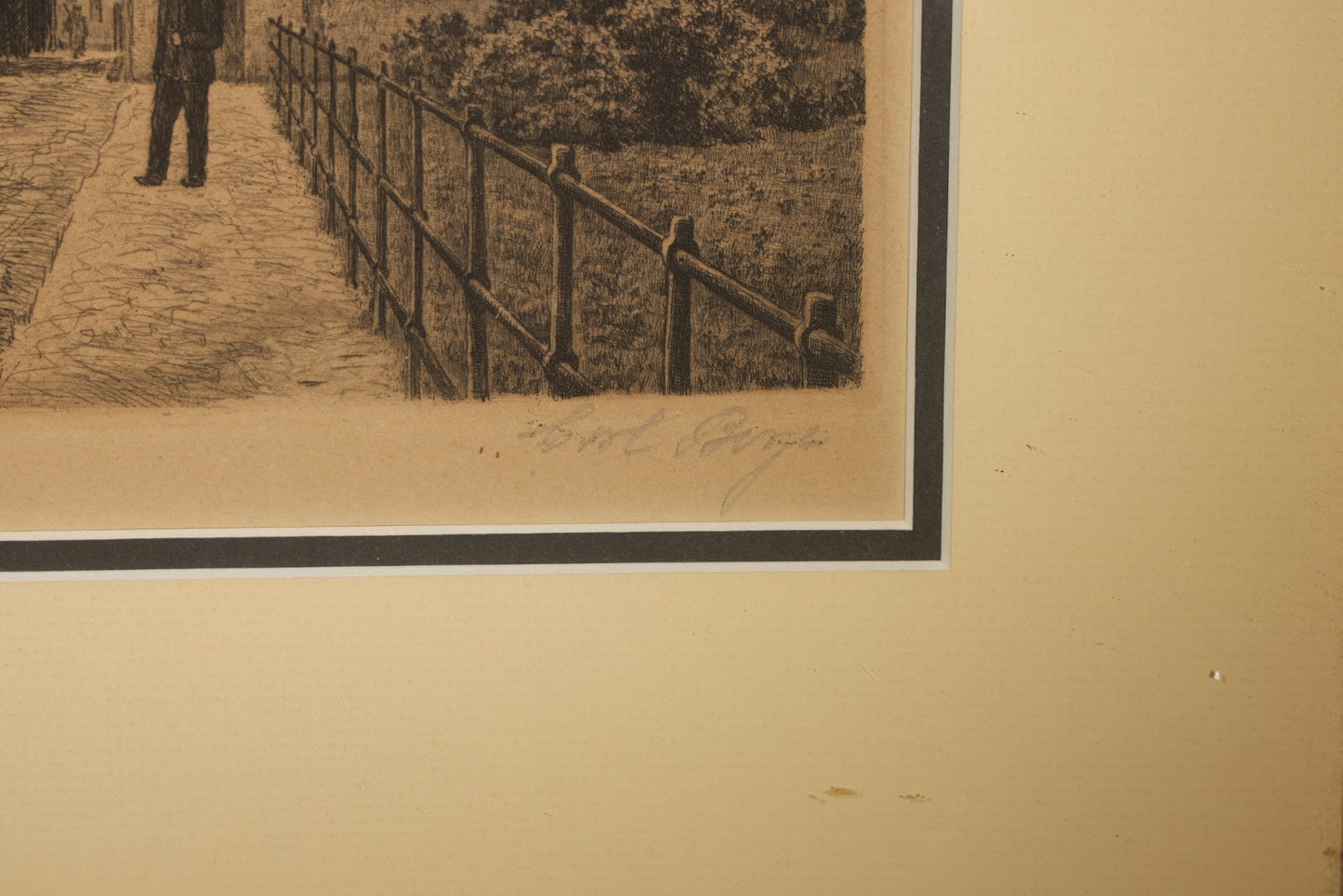 Vintage Framed Etching Print of the Norway Gate at Kastellet, Copenhagen, Denmark, with Uniformed Figure, Artist Signed