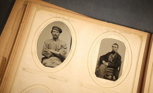 Antique Portrait Photo Album Containing 21 Tintypes, 25 C.D.V.S, and 13 Cabinet Cards Including Hidden Mother Tintype, Occupational Tintype, and C.D.V. of Tall Smiling Man Holding Open Book, Many Pencil Identifications, Album in Poor Condition