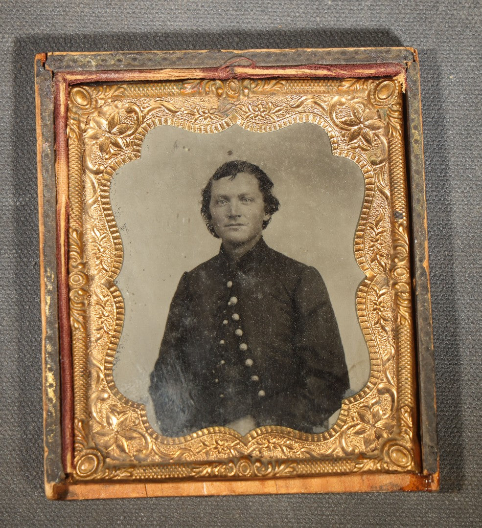 Antique 1/6th Plate Tintype Photograph of a Man in Military Uniform with Brass Buttons in Partial Half Leatherette Union Case with Partial Inscription on Verso