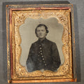 Lot 018 - Antique 1/6th Plate Tintype Photograph of a Man in Military Uniform with Brass Buttons in Partial Half Leatherette Union Case with Partial Inscription on Verso