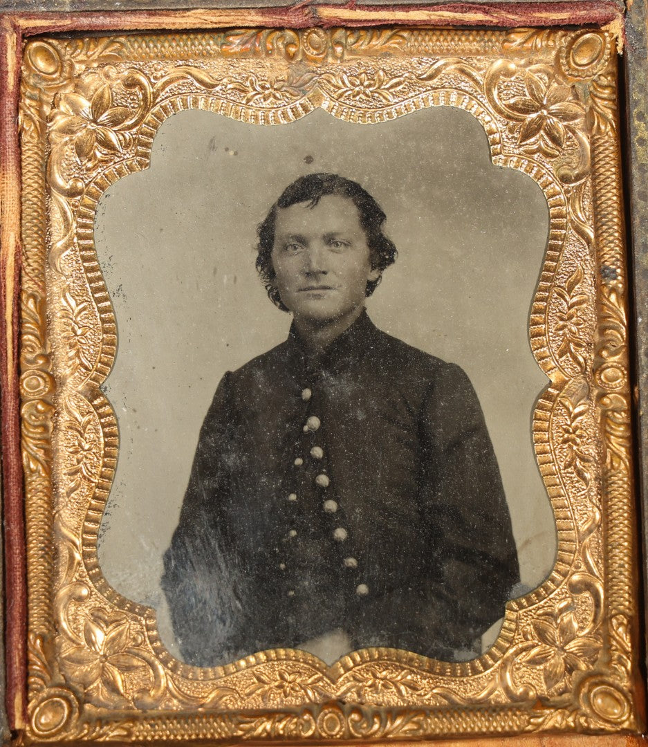 Antique 1/6th Plate Tintype Photograph of a Man in Military Uniform with Brass Buttons in Partial Half Leatherette Union Case with Partial Inscription on Verso