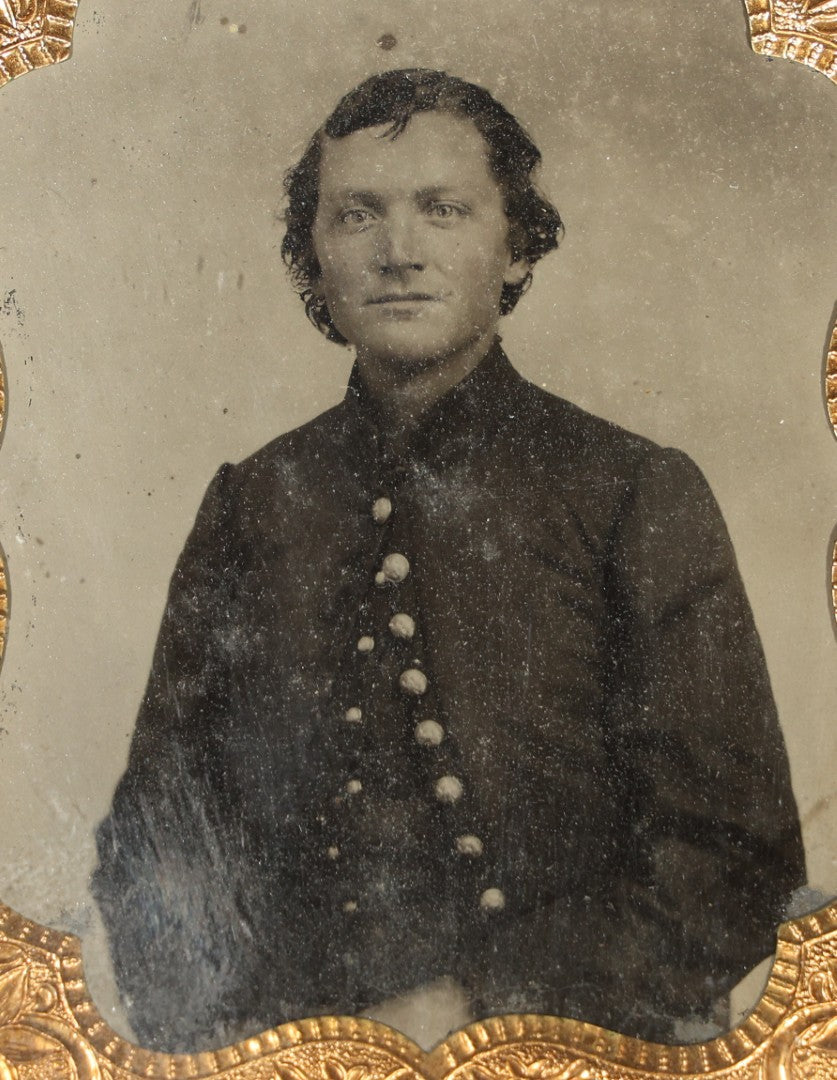 Antique 1/6th Plate Tintype Photograph of a Man in Military Uniform with Brass Buttons in Partial Half Leatherette Union Case with Partial Inscription on Verso