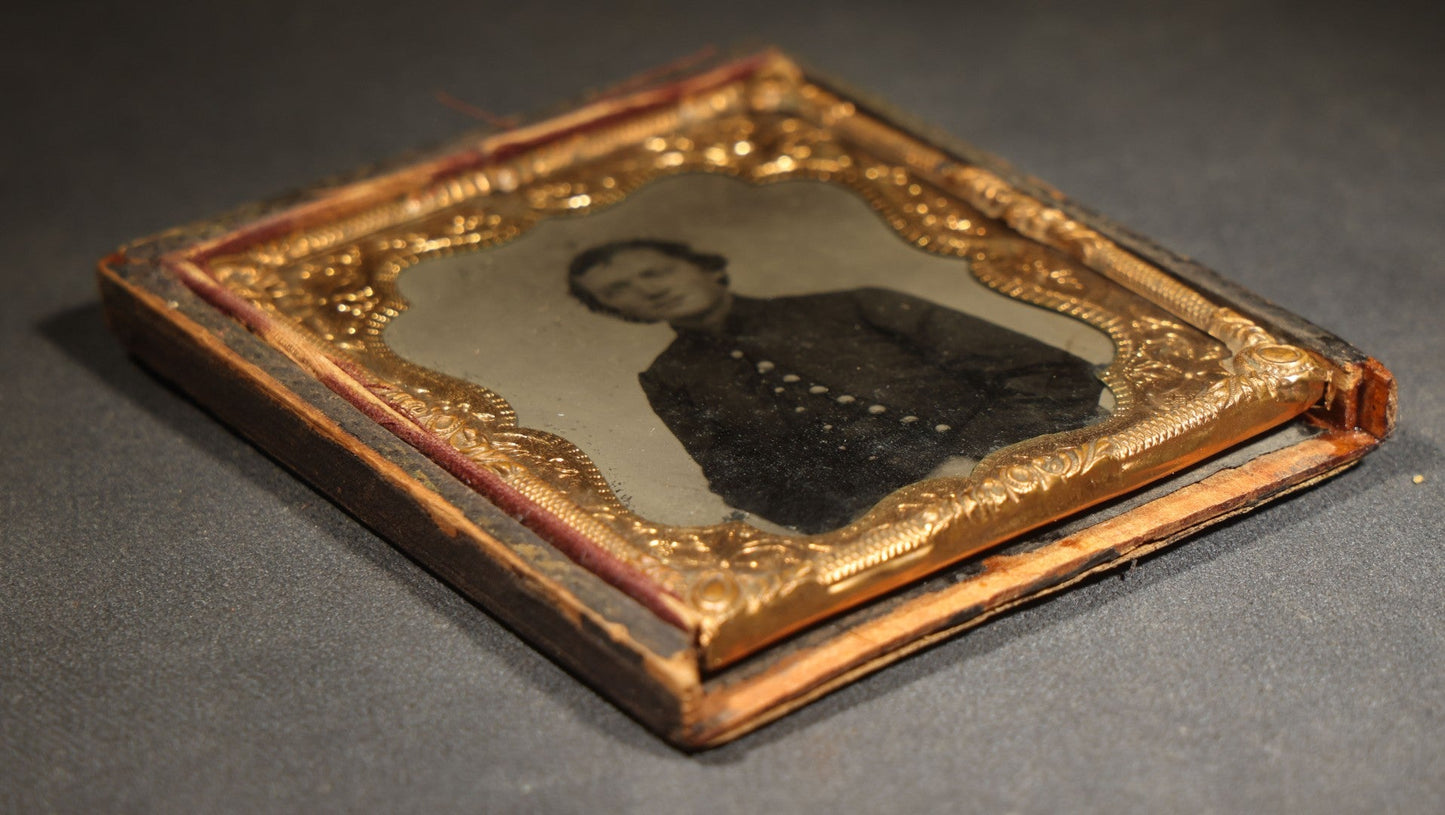 Antique 1/6th Plate Tintype Photograph of a Man in Military Uniform with Brass Buttons in Partial Half Leatherette Union Case with Partial Inscription on Verso