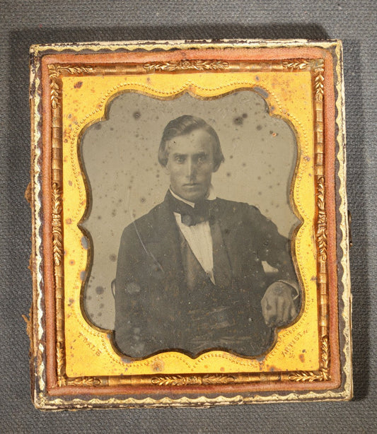 Antique 1/6th Plate Tintype Photograph of a Young Man in Formal Attire in Half Leatherette Case, Photographed by T. Dale