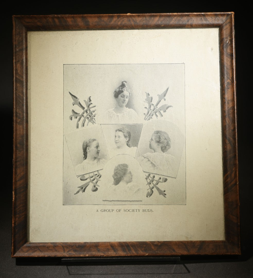 Antique Framed Photographic Print "A Group of Society Buds" Featuring Five Women's Portraits with Decorative Foliage Elements