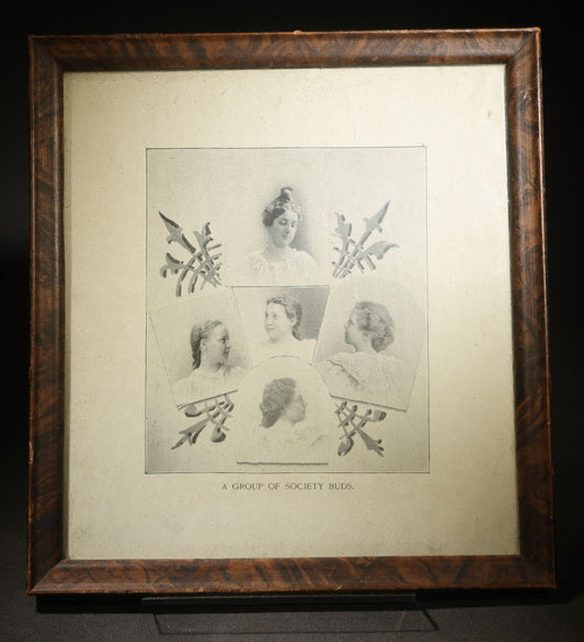 Antique Framed Photographic Print "A Group of Society Buds" Featuring Five Women's Portraits with Decorative Foliage Elements