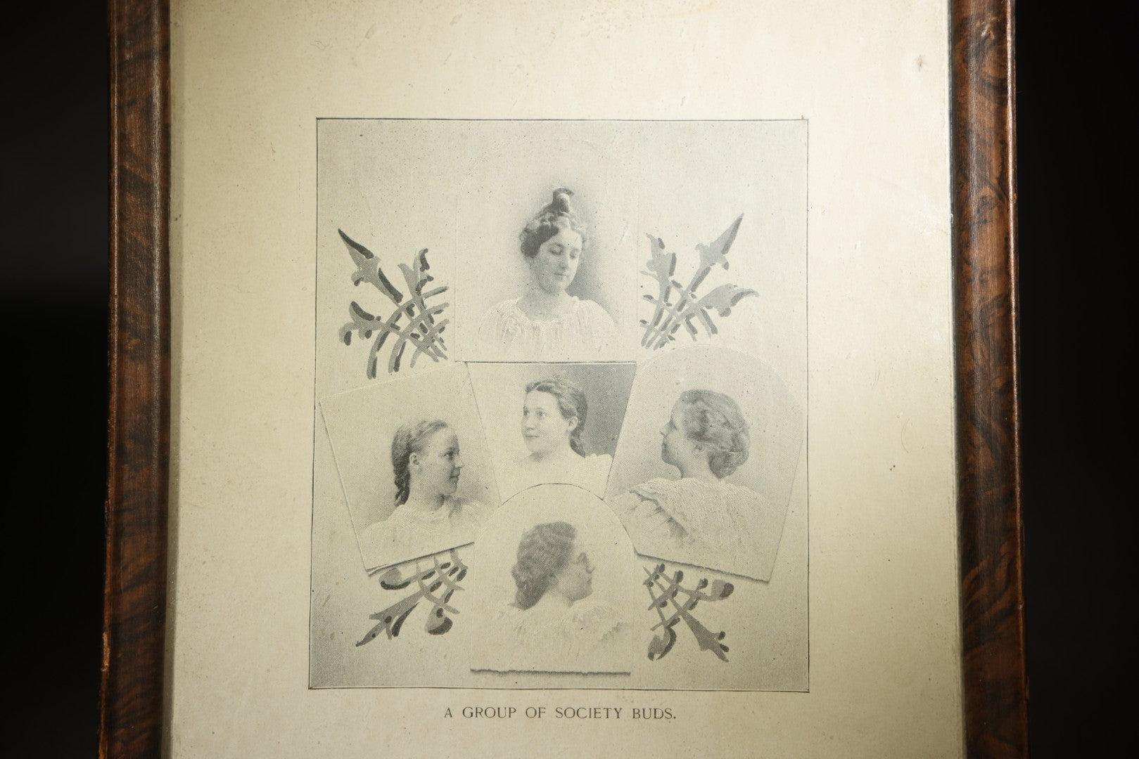 Antique Framed Photographic Print "A Group of Society Buds" Featuring Five Women's Portraits with Decorative Foliage Elements