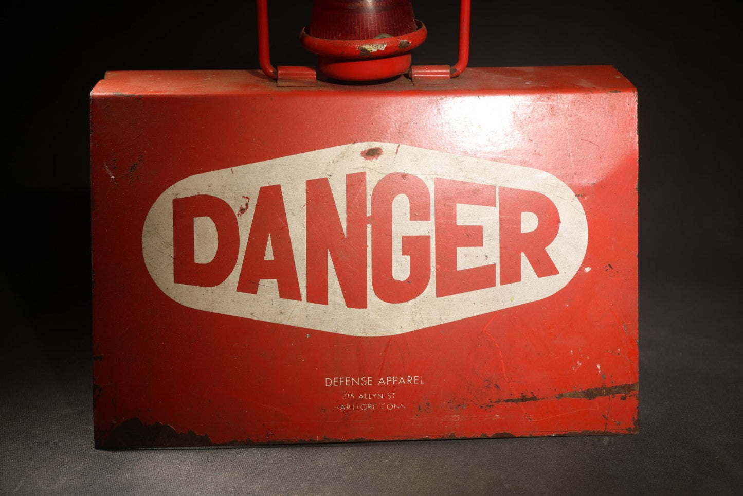 Vintage Free Standing Double-Sided "Danger" Sign with Battery-Operated Light, manufactured by Defense Apparel, Hartford, Connecticut