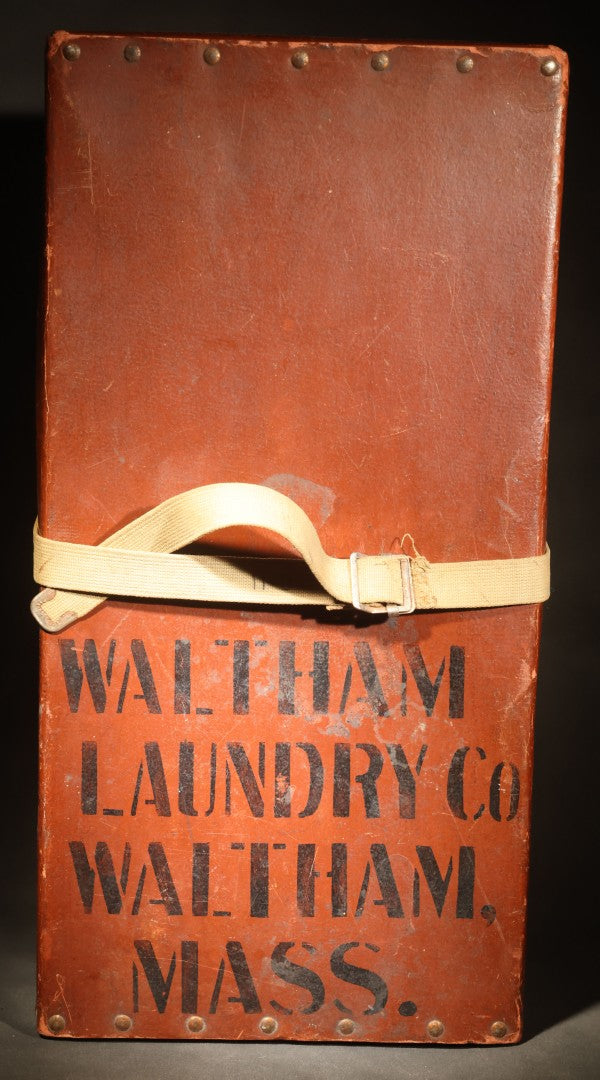 Vintage Waltham Laundry Co. Industrial Laundry Case with Canvas Strap, Stenciled "WALTHAM LAUNDRY Co WALTHAM, MASS.", Waltham, Massachusetts