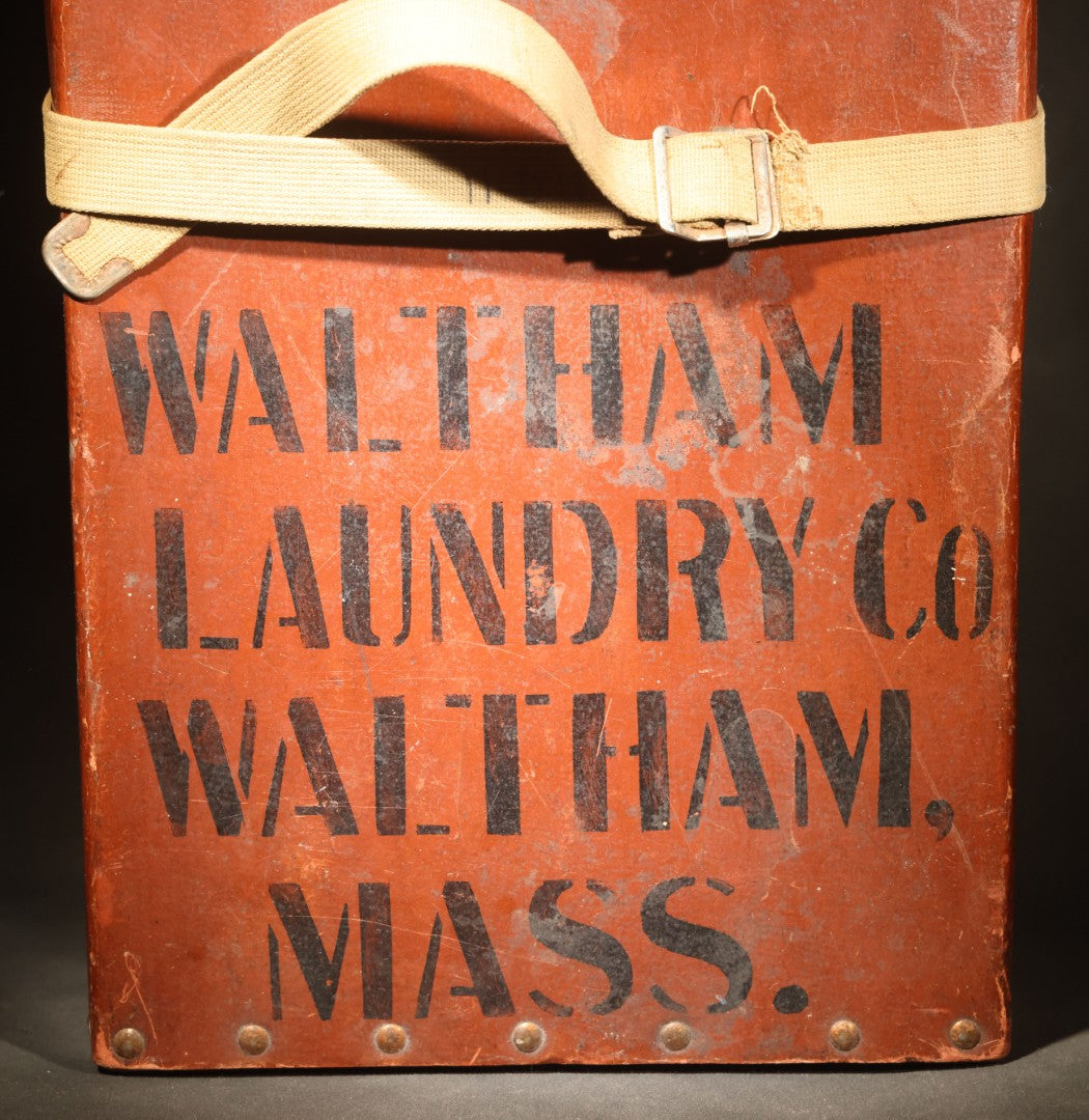 Vintage Waltham Laundry Co. Industrial Laundry Case with Canvas Strap, Stenciled "WALTHAM LAUNDRY Co WALTHAM, MASS.", Waltham, Massachusetts