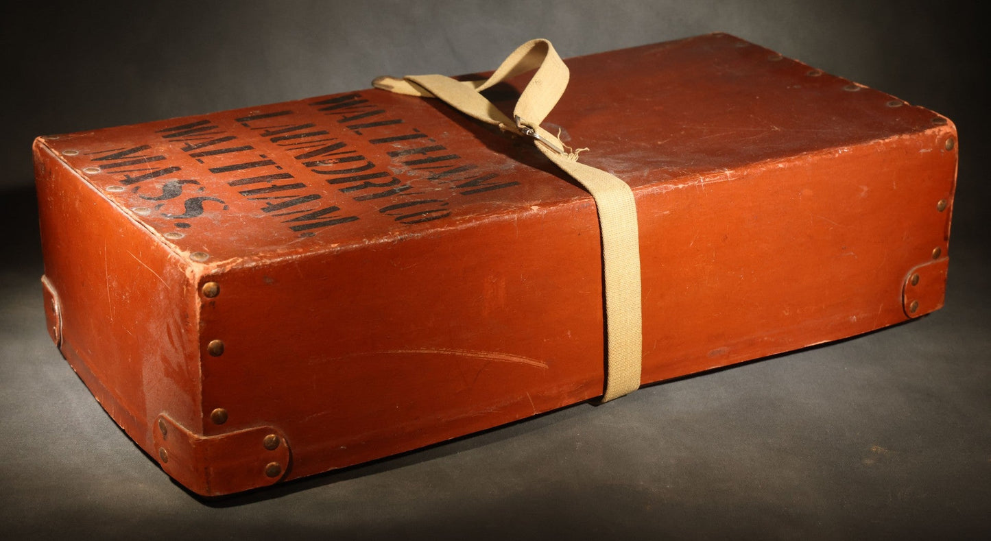 Vintage Waltham Laundry Co. Industrial Laundry Case with Canvas Strap, Stenciled "WALTHAM LAUNDRY Co WALTHAM, MASS.", Waltham, Massachusetts