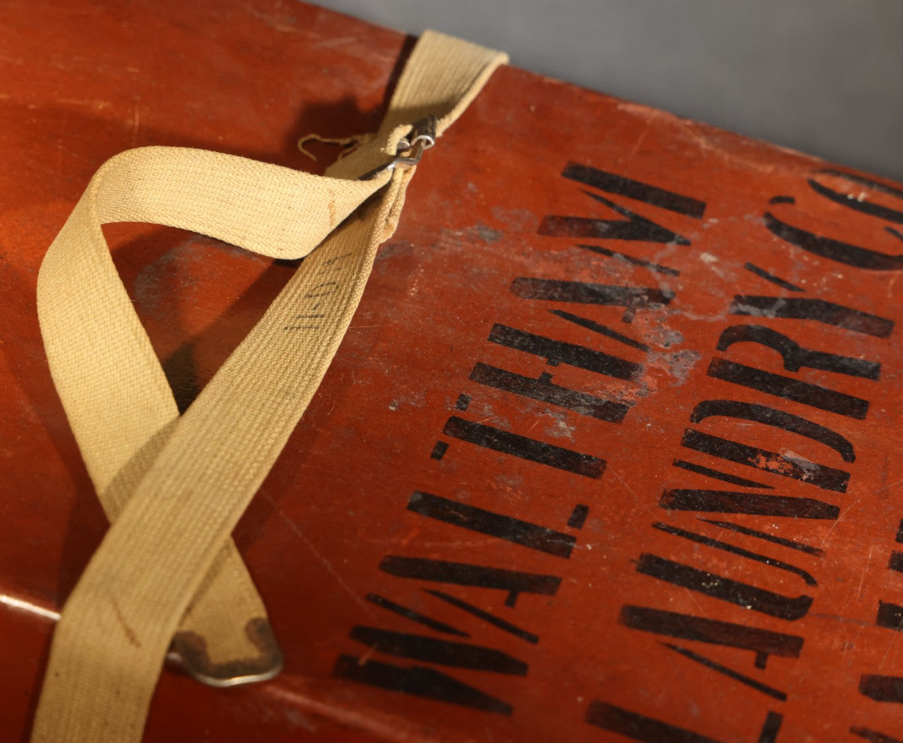 Vintage Waltham Laundry Co. Industrial Laundry Case with Canvas Strap, Stenciled "WALTHAM LAUNDRY Co WALTHAM, MASS.", Waltham, Massachusetts
