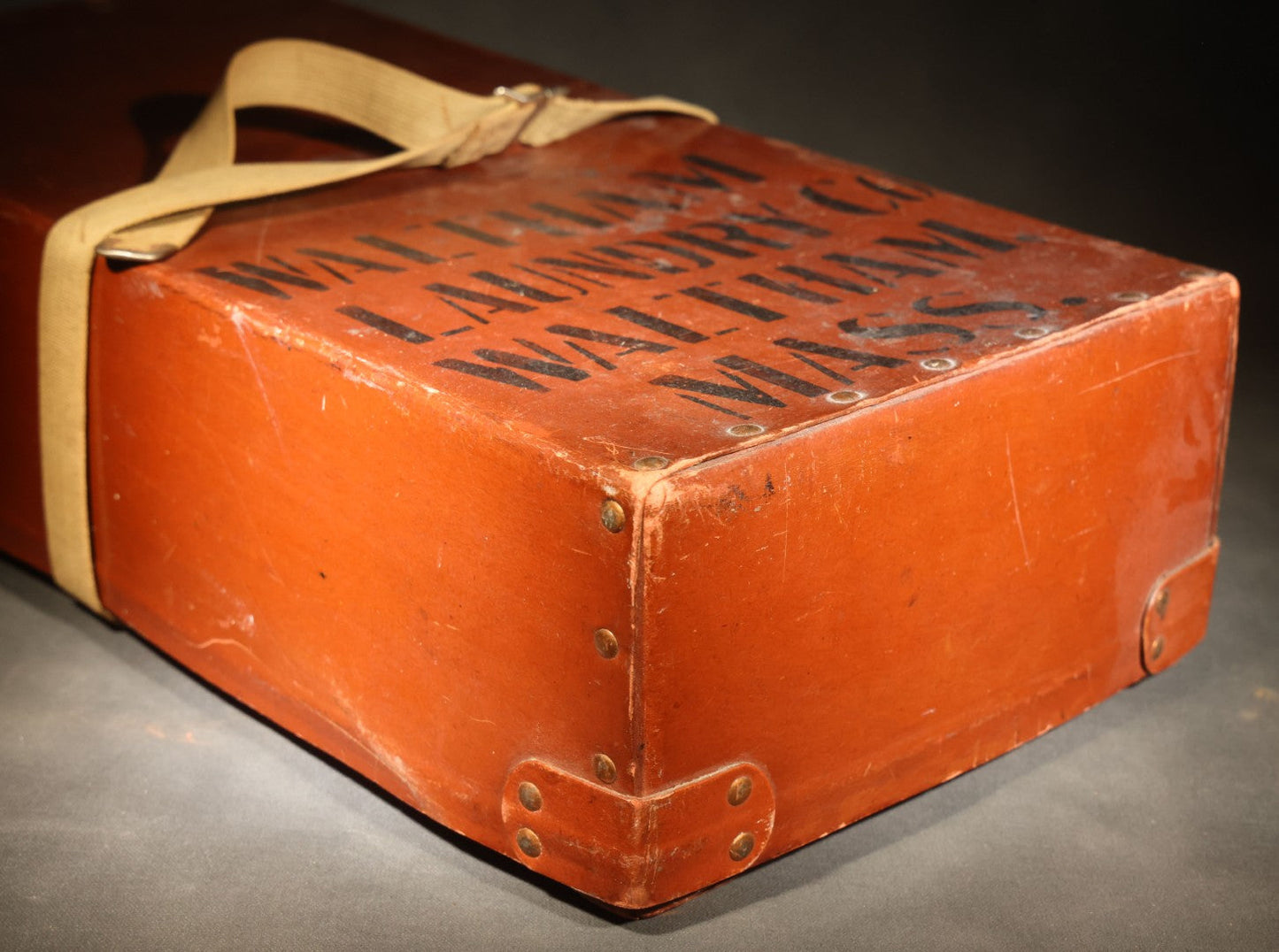 Vintage Waltham Laundry Co. Industrial Laundry Case with Canvas Strap, Stenciled "WALTHAM LAUNDRY Co WALTHAM, MASS.", Waltham, Massachusetts
