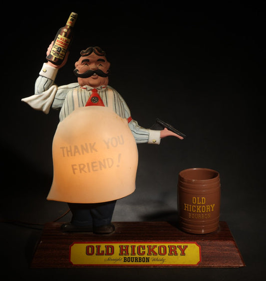 Vintage Old Hickory Bourbon Illuminated Bar Back Advertising Display with Mechanical Tip Jar Bartender Figure, "Thank You Friend," Old Hickory Distillers Co., Philadelphia, Pennsylvania, Missing Tray