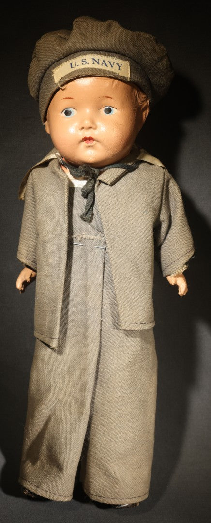 Vintage Composition Doll in U.S. Navy Sailor Uniform with Gray Outfit and Hat, Circa 1940s