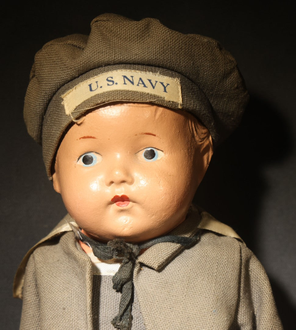 Vintage Composition Doll in U.S. Navy Sailor Uniform with Gray Outfit and Hat, Circa 1940s