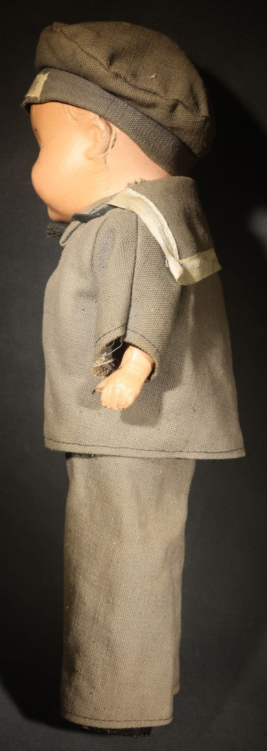 Vintage Composition Doll in U.S. Navy Sailor Uniform with Gray Outfit and Hat, Circa 1940s