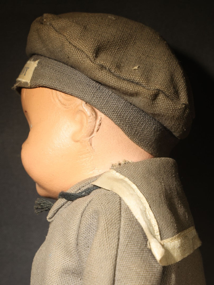 Vintage Composition Doll in U.S. Navy Sailor Uniform with Gray Outfit and Hat, Circa 1940s