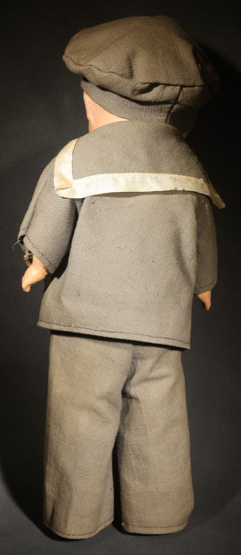 Vintage Composition Doll in U.S. Navy Sailor Uniform with Gray Outfit and Hat, Circa 1940s