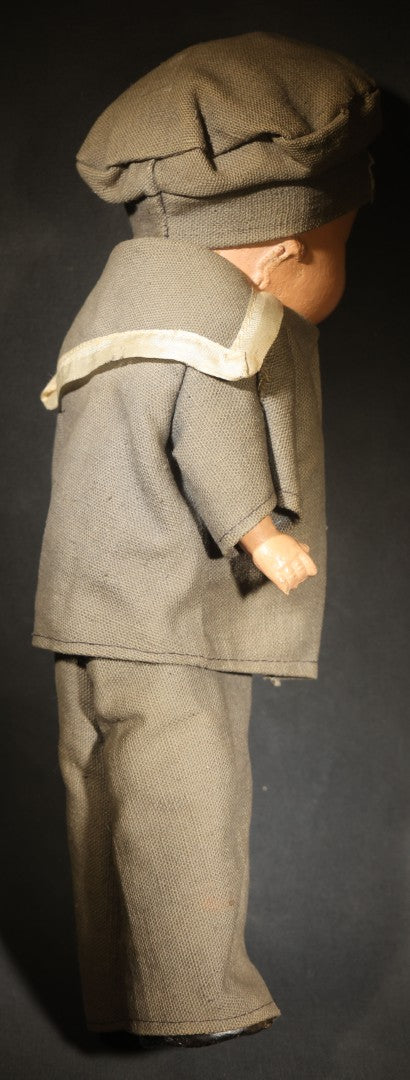 Vintage Composition Doll in U.S. Navy Sailor Uniform with Gray Outfit and Hat, Circa 1940s