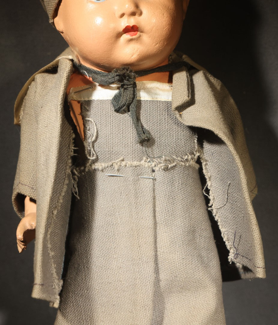 Vintage Composition Doll in U.S. Navy Sailor Uniform with Gray Outfit and Hat, Circa 1940s