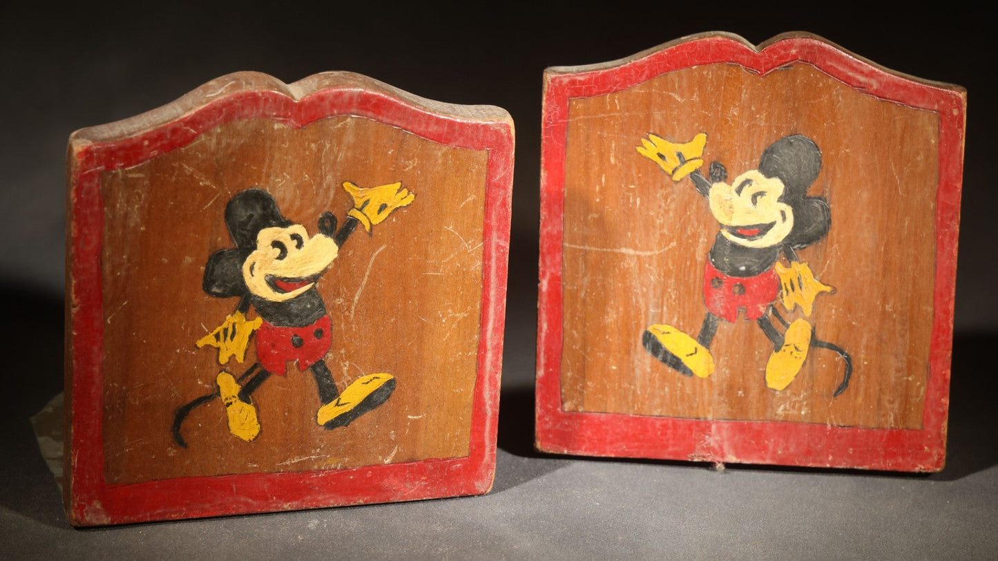 Pair of Vintage Hand-Painted Wooden Mickey Mouse Folk Art Bookends, Pencil-Signed "Steve"