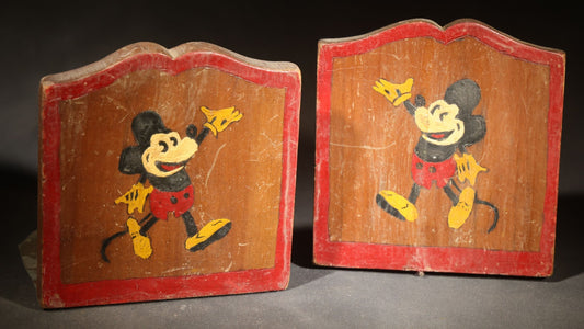 Pair of Vintage Hand-Painted Wooden Mickey Mouse Folk Art Bookends, Pencil-Signed "Steve"