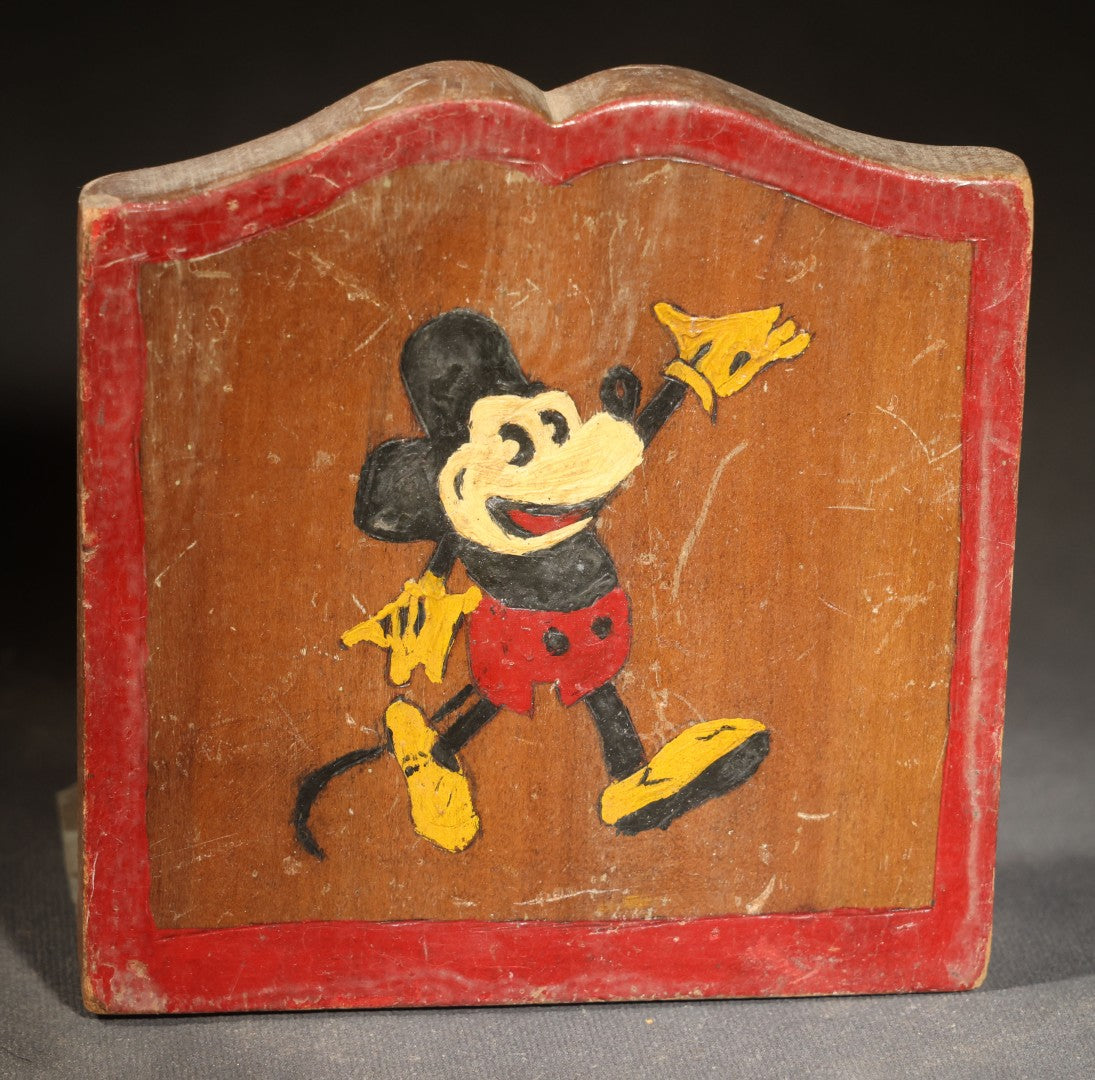 Pair of Vintage Hand-Painted Wooden Mickey Mouse Folk Art Bookends, Pencil-Signed "Steve"