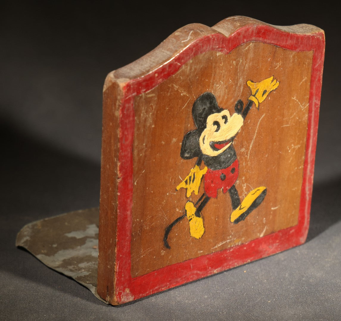 Pair of Vintage Hand-Painted Wooden Mickey Mouse Folk Art Bookends, Pencil-Signed "Steve"
