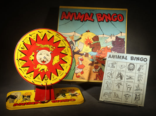 Vintage Animal Bingo Game with Lithographed Tin Spinner, Bingo Cards, and Markers, Manufactured by Baldwin Manufacturing Co. Inc., Brooklyn, New York