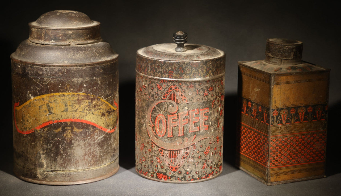 Trio of Antique Toleware Tins including Tea Canister with Yellow Band, Coffee Canister with Red Stenciling, and Walter Baker & Co. Breakfast Cocoa Container, Dorchester, Massachusetts