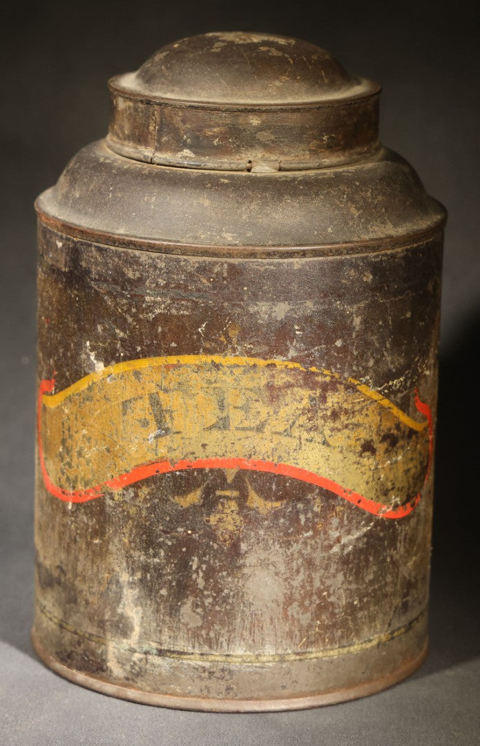 Trio of Antique Toleware Tins including Tea Canister with Yellow Band, Coffee Canister with Red Stenciling, and Walter Baker & Co. Breakfast Cocoa Container, Dorchester, Massachusetts