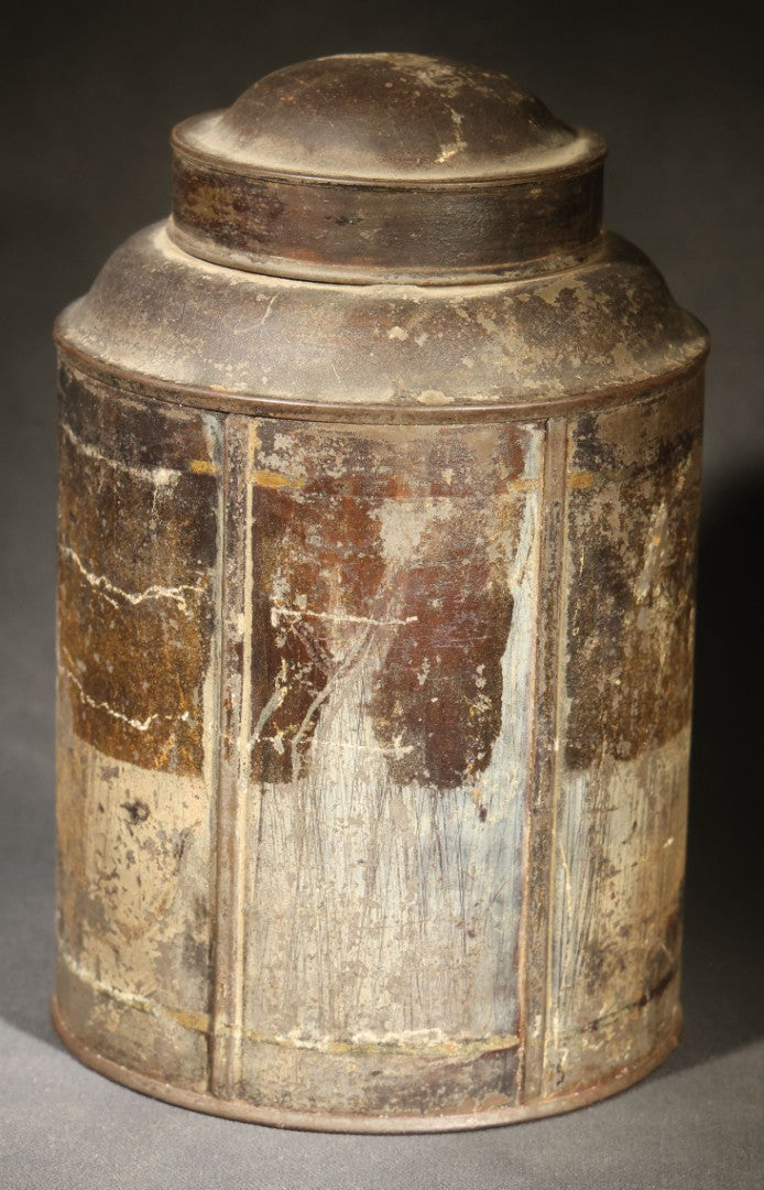 Trio of Antique Toleware Tins including Tea Canister with Yellow Band, Coffee Canister with Red Stenciling, and Walter Baker & Co. Breakfast Cocoa Container, Dorchester, Massachusetts