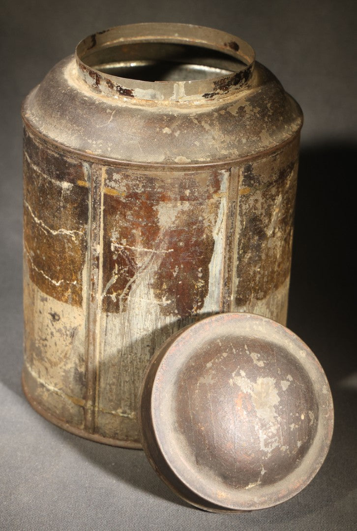 Trio of Antique Toleware Tins including Tea Canister with Yellow Band, Coffee Canister with Red Stenciling, and Walter Baker & Co. Breakfast Cocoa Container, Dorchester, Massachusetts