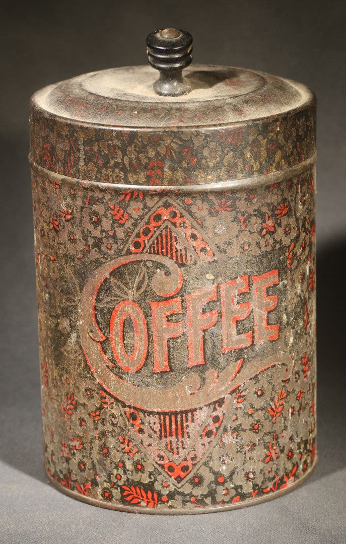 Trio of Antique Toleware Tins including Tea Canister with Yellow Band, Coffee Canister with Red Stenciling, and Walter Baker & Co. Breakfast Cocoa Container, Dorchester, Massachusetts