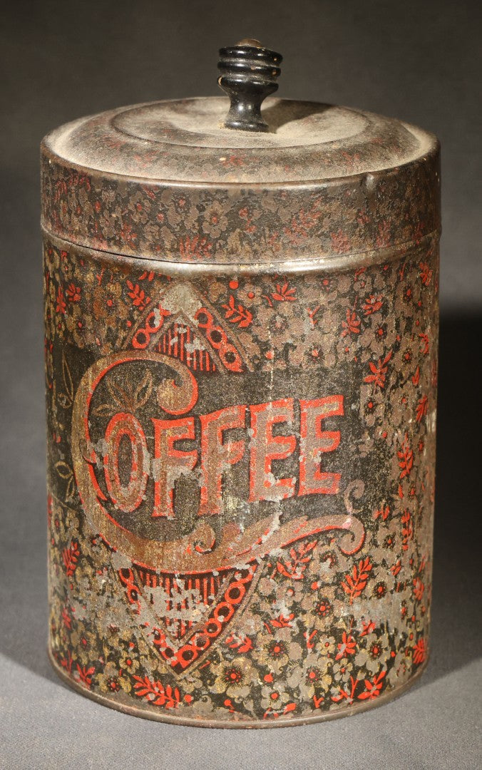 Trio of Antique Toleware Tins including Tea Canister with Yellow Band, Coffee Canister with Red Stenciling, and Walter Baker & Co. Breakfast Cocoa Container, Dorchester, Massachusetts