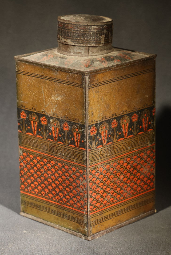 Trio of Antique Toleware Tins including Tea Canister with Yellow Band, Coffee Canister with Red Stenciling, and Walter Baker & Co. Breakfast Cocoa Container, Dorchester, Massachusetts