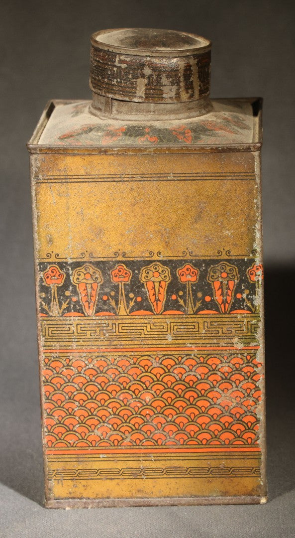 Trio of Antique Toleware Tins including Tea Canister with Yellow Band, Coffee Canister with Red Stenciling, and Walter Baker & Co. Breakfast Cocoa Container, Dorchester, Massachusetts