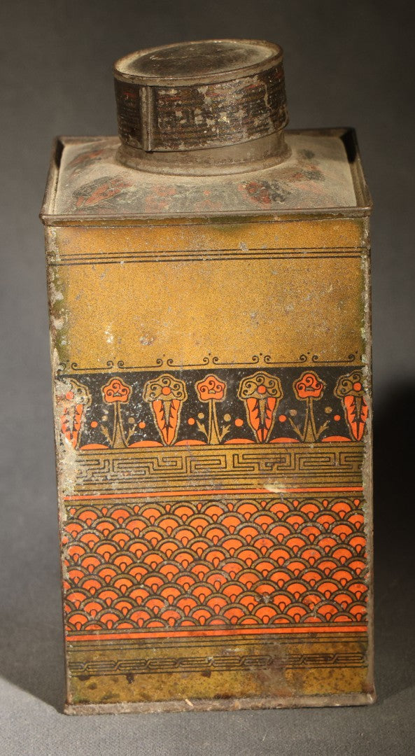 Trio of Antique Toleware Tins including Tea Canister with Yellow Band, Coffee Canister with Red Stenciling, and Walter Baker & Co. Breakfast Cocoa Container, Dorchester, Massachusetts