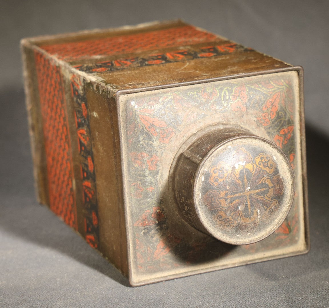 Trio of Antique Toleware Tins including Tea Canister with Yellow Band, Coffee Canister with Red Stenciling, and Walter Baker & Co. Breakfast Cocoa Container, Dorchester, Massachusetts